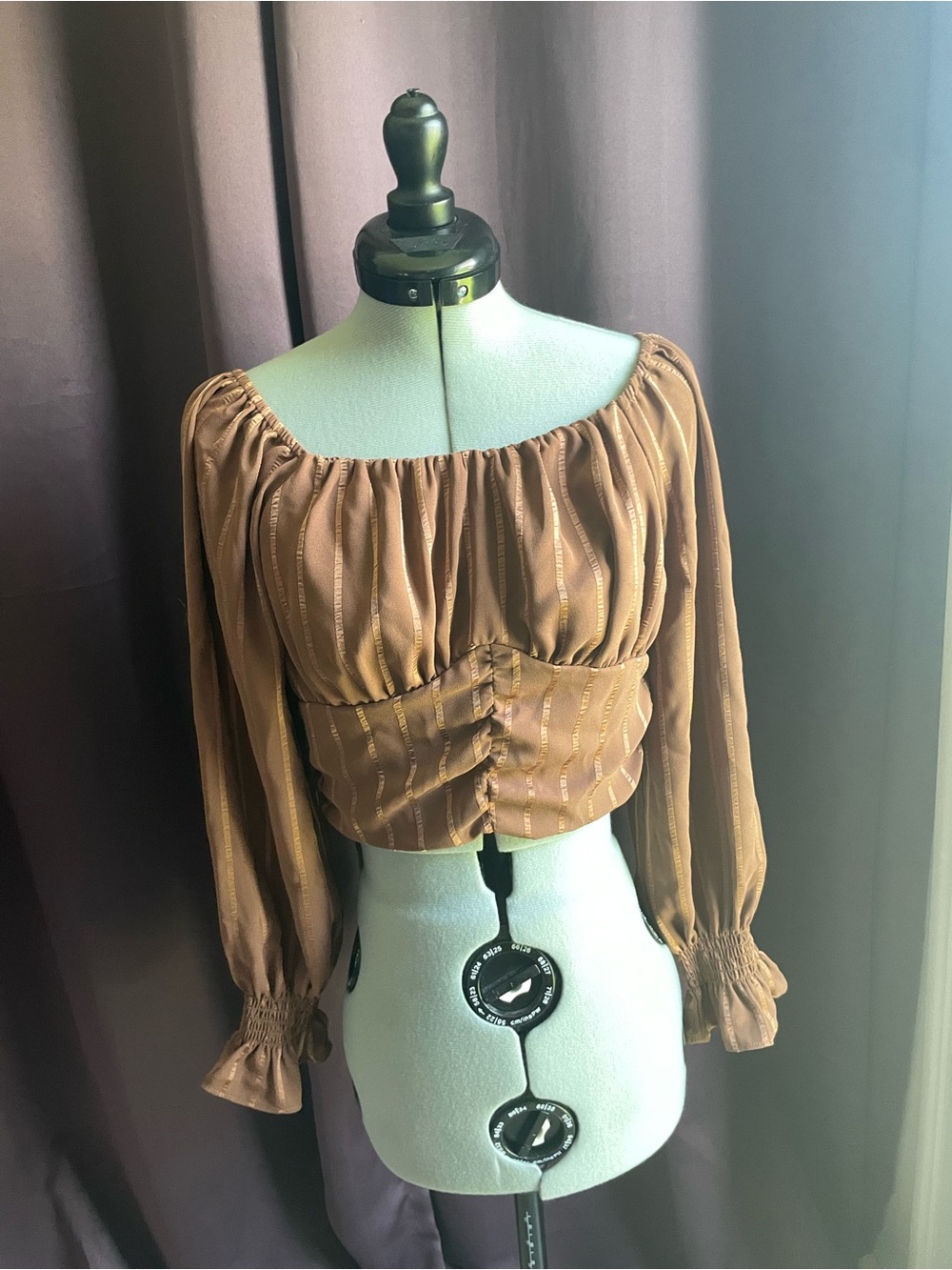 Brown Peasant Crop Top with Shirred Waist
